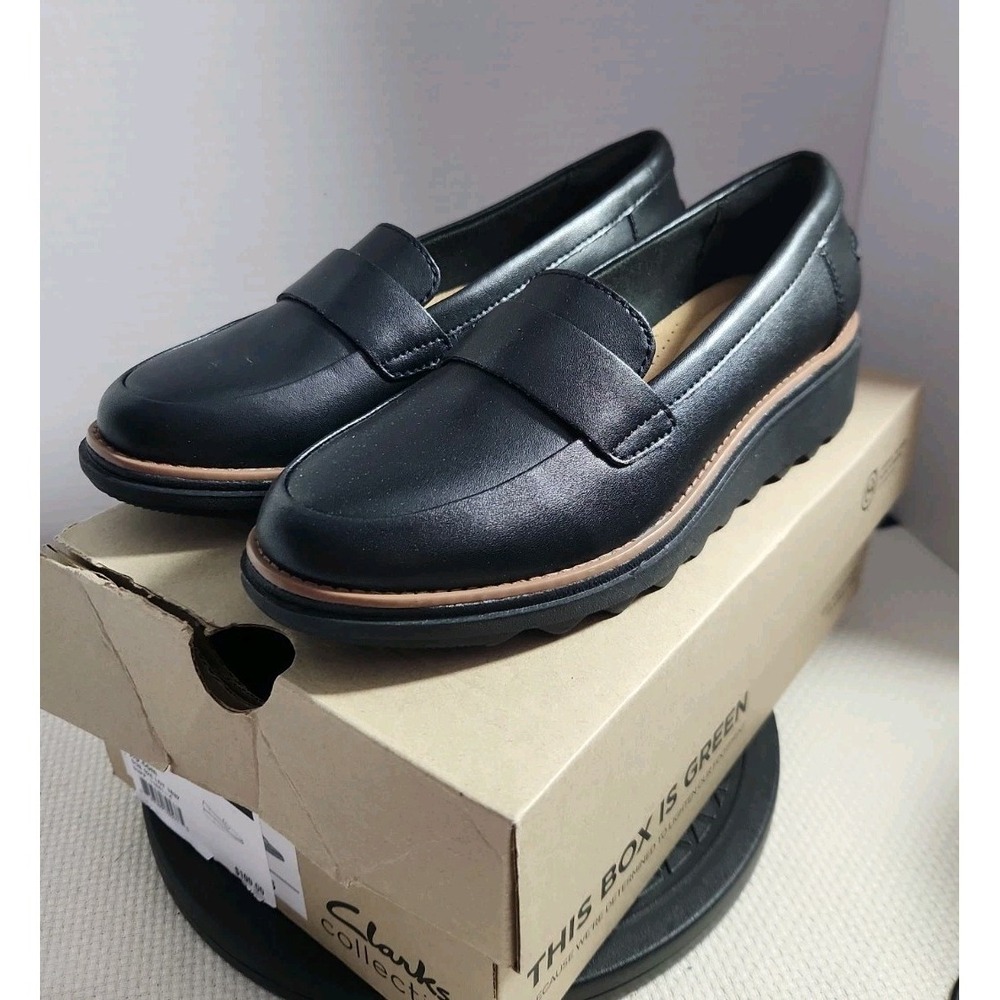 NEW Clarks Sharon Gracie Womens Sz 6M Black Leather Wedge Loafers Shoes Comfort
